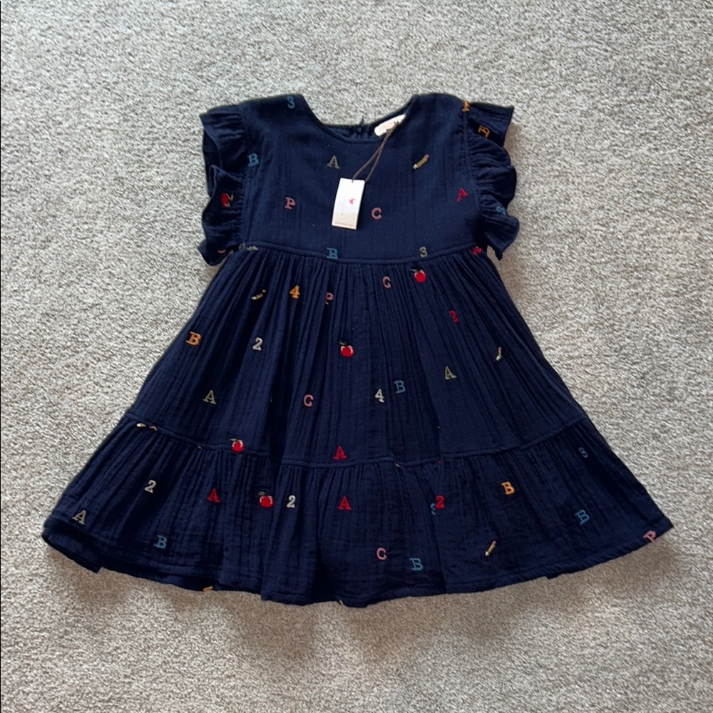 Navy Blue Girls Pink Chicken School Dress with Alphabet Embroidery, size 6 NWT!